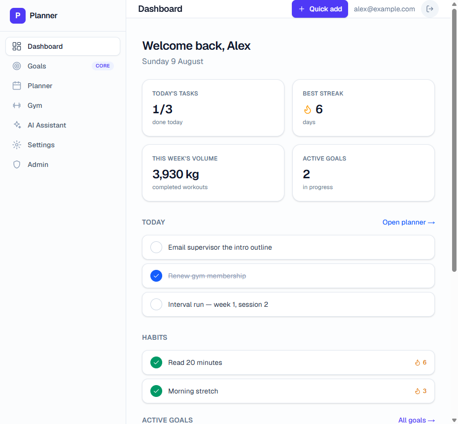 The Vemila dashboard: stat cards for active goals, best streak and weekly volume, today's tasks, and an active goal with its progress bar.