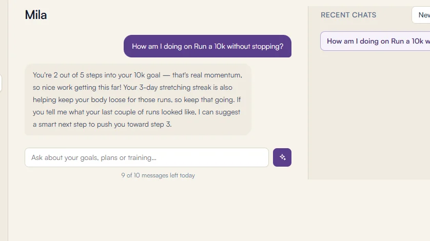 A conversation with Mila about progress on the 10k goal, answered from real goal and streak data.